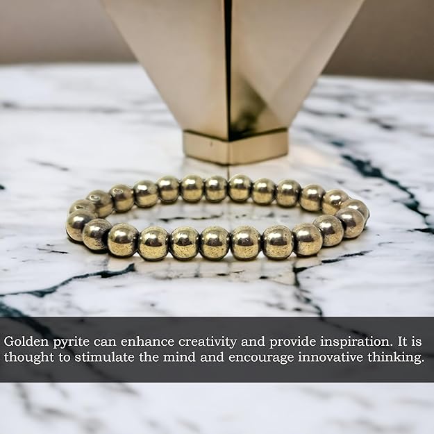 Simply Jewellers Golden Pyrite Bracelet for Men & Women | Natural Pyrite Stone Beaded Bracelet | Lucky Crystal Bracelet for Wealth, Protection, Confidence & Energy Healing