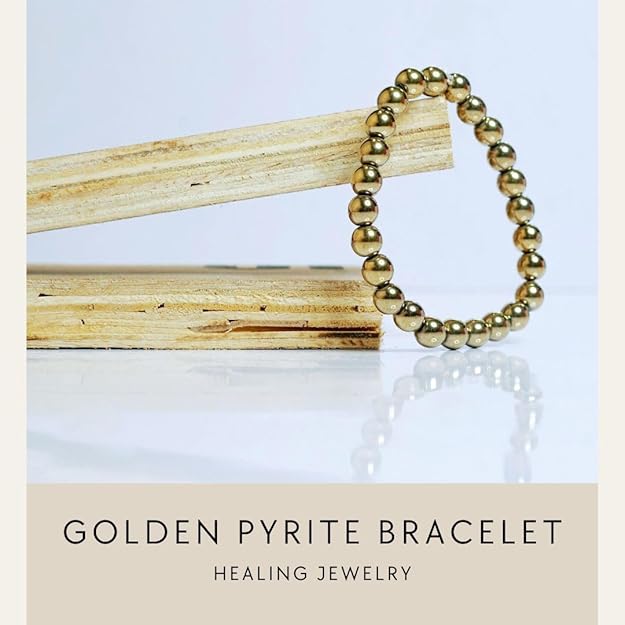 Simply Jewellers Golden Pyrite Bracelet for Men & Women | Natural Pyrite Stone Beaded Bracelet | Lucky Crystal Bracelet for Wealth, Protection, Confidence & Energy Healing