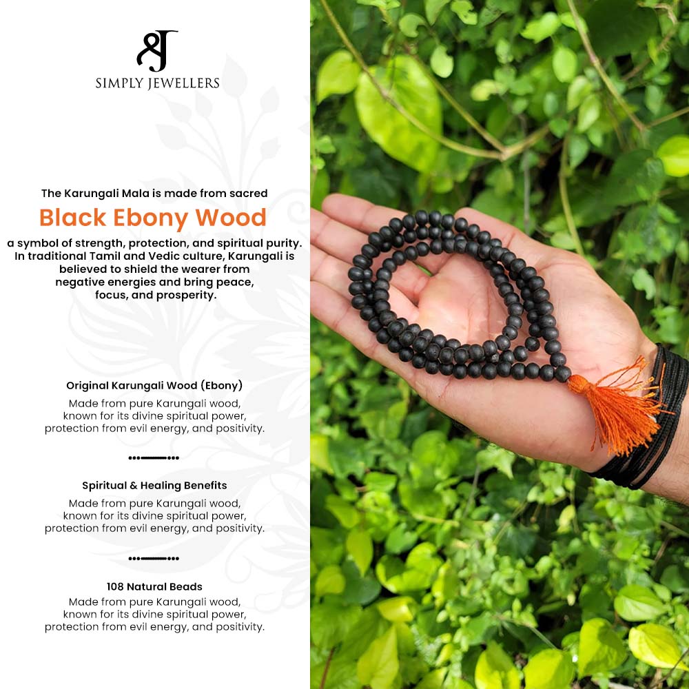 Karungali Mala, Sacred Black Ebony Wood Prayer Beads, 108 Natural Beads, 8mm, Traditional Vedic Spiritual Necklace with Orange Tassel