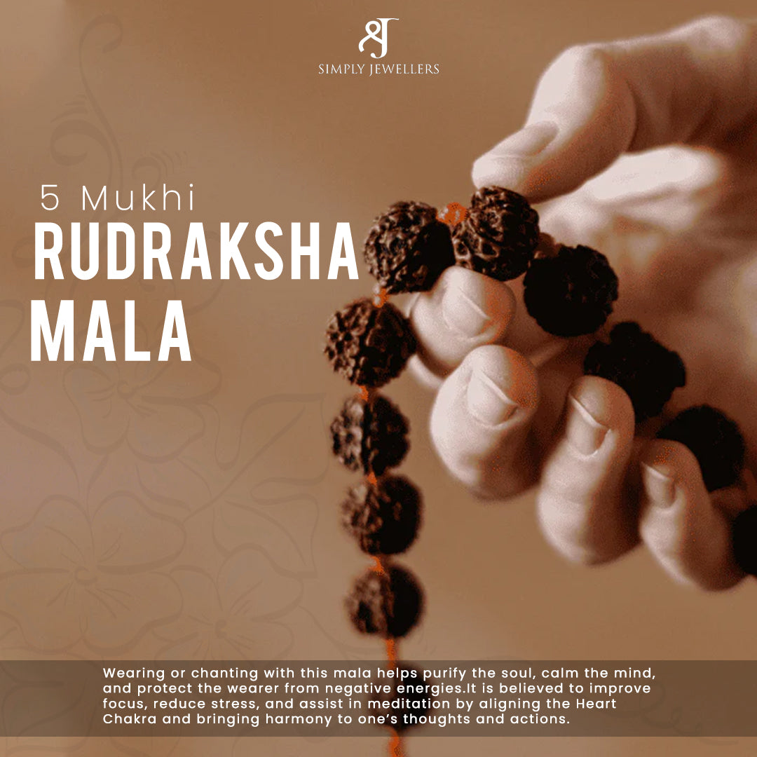 5 Mukhi Rudraksha Mala, Natural Prayer Beads, Spiritual Meditation Necklace for Mental Peace, Focus, Stress Relief, 108+1 Beads with Red Tassel