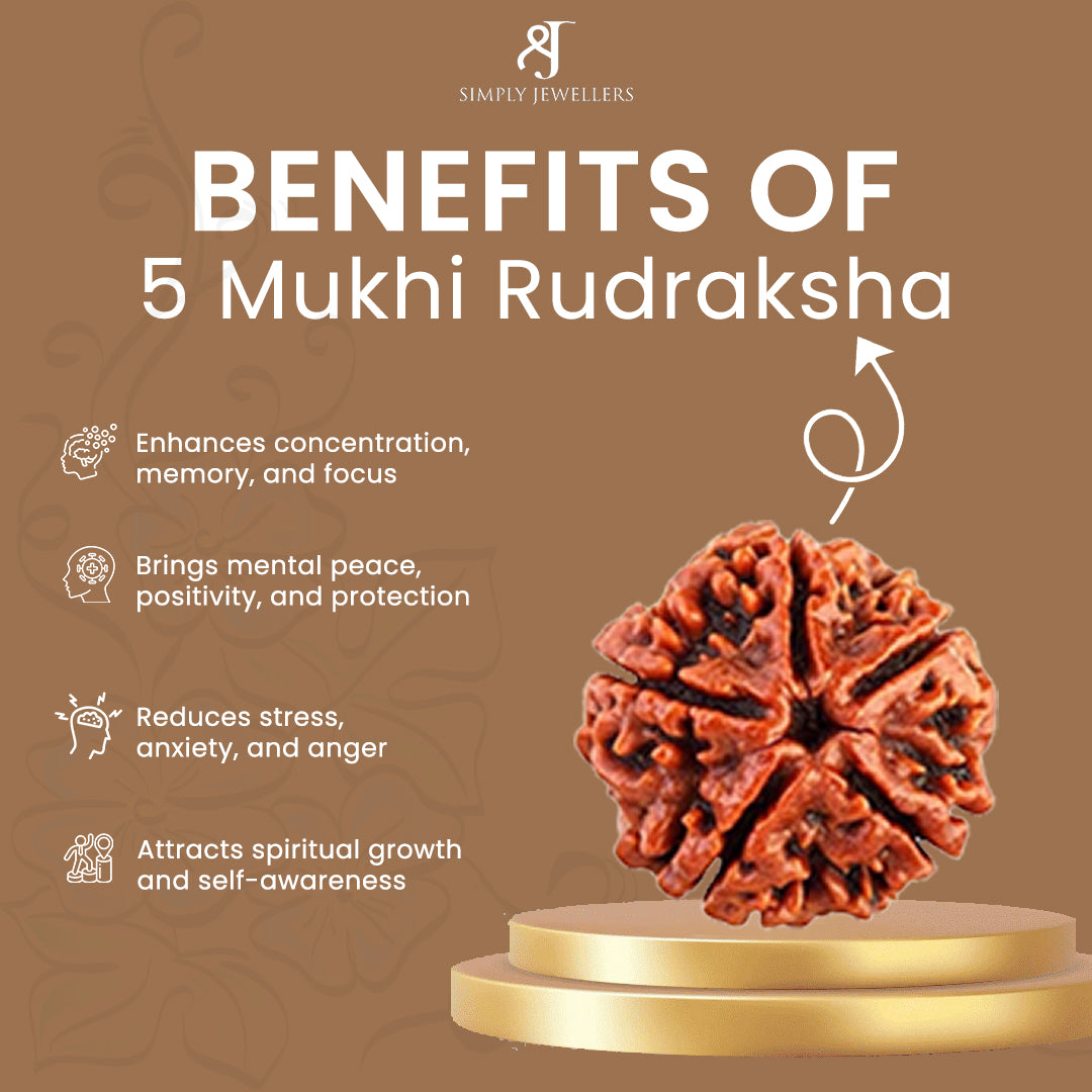 5 Mukhi Rudraksha Mala, Natural Prayer Beads, Spiritual Meditation Necklace for Mental Peace, Focus, Stress Relief, 108+1 Beads with Red Tassel