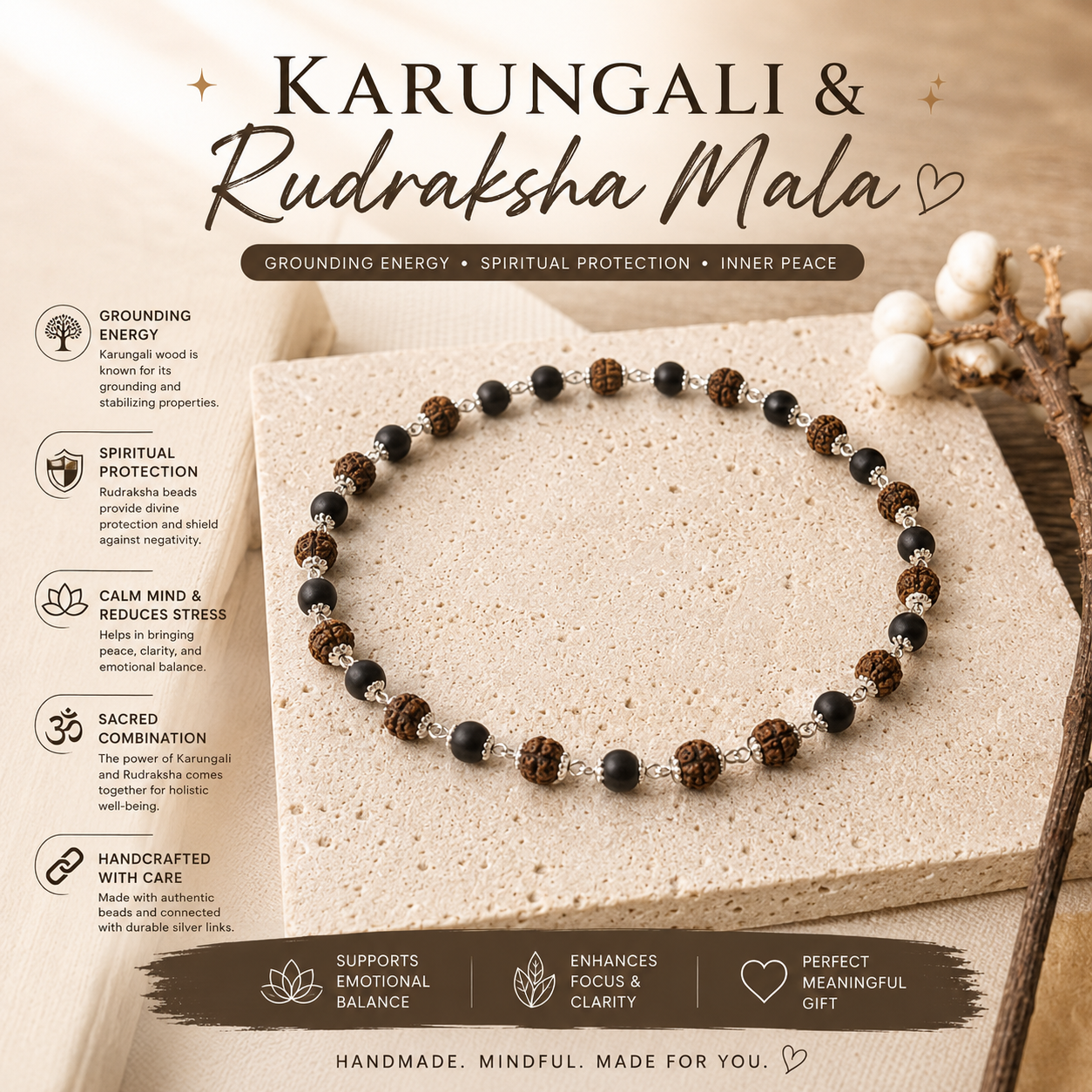 Karungali Wood & Rudraksha Mala for Men & Women – Handcrafted Spiritual Japa Mala for Meditation, Yoga, Prayer & Daily Wear