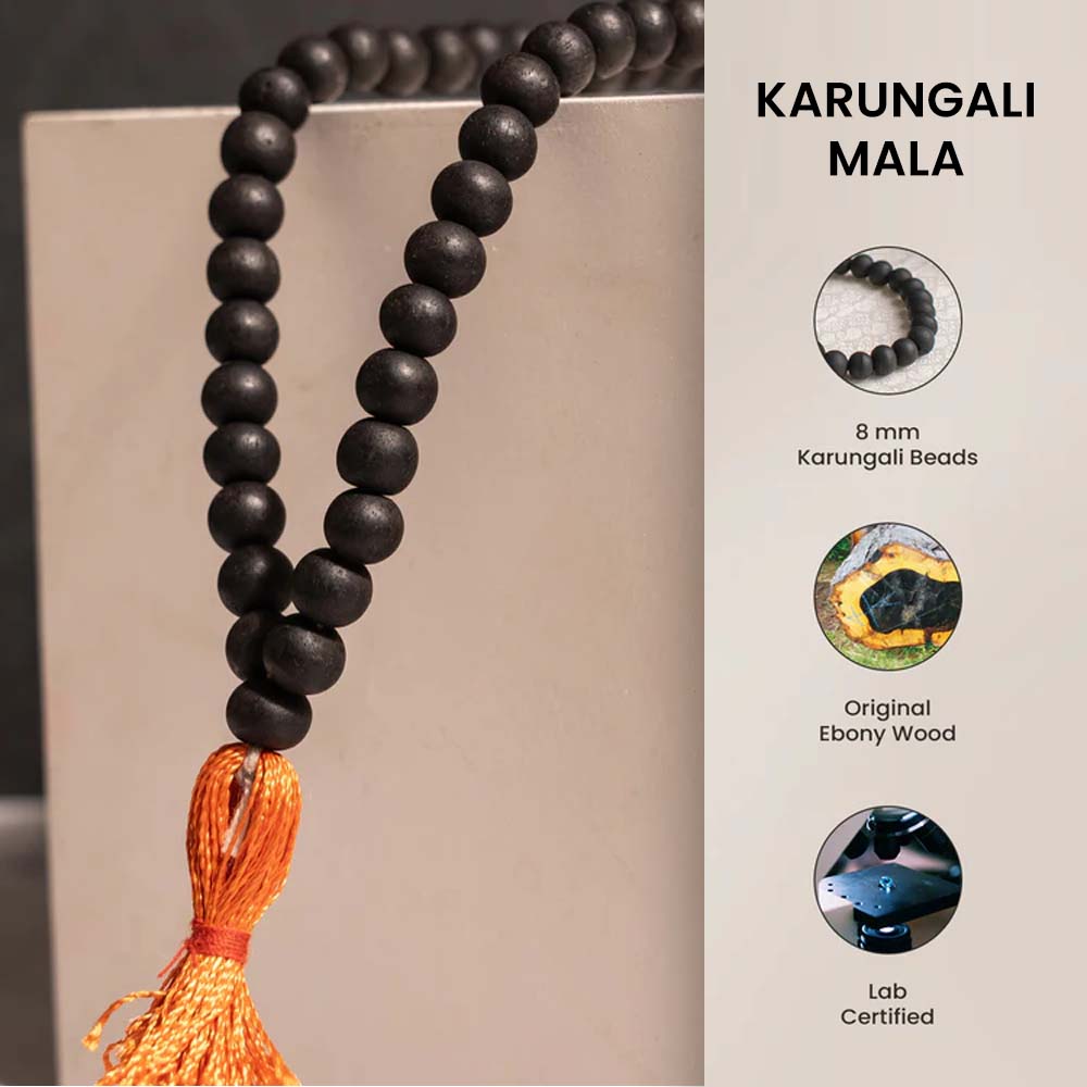 Karungali Mala, Sacred Black Ebony Wood Prayer Beads, 108 Natural Beads, 8mm, Traditional Vedic Spiritual Necklace with Orange Tassel