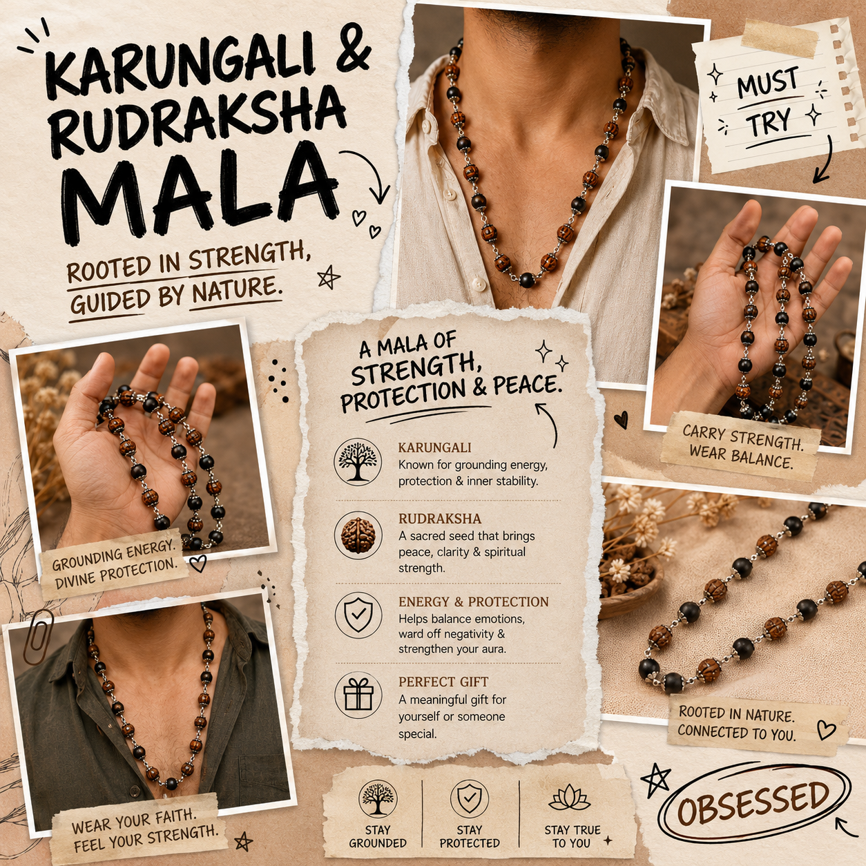 Karungali Wood & Rudraksha Mala for Men & Women – Handcrafted Spiritual Japa Mala for Meditation, Yoga, Prayer & Daily Wear