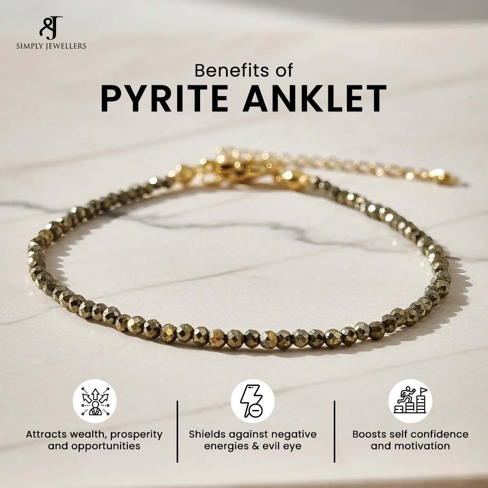 Pyrite Anklet for Women and Men, Natural Money Magnet Stone, Metallic Gold Crystal Beads, Prosperity Attracting Jewelry