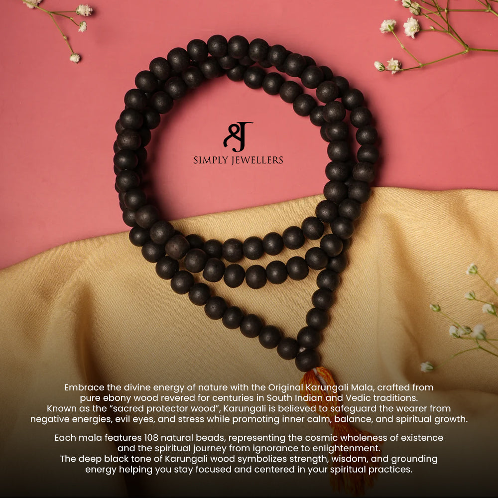 Karungali Mala, Sacred Black Ebony Wood Prayer Beads, 108 Natural Beads, 8mm, Traditional Vedic Spiritual Necklace with Orange Tassel