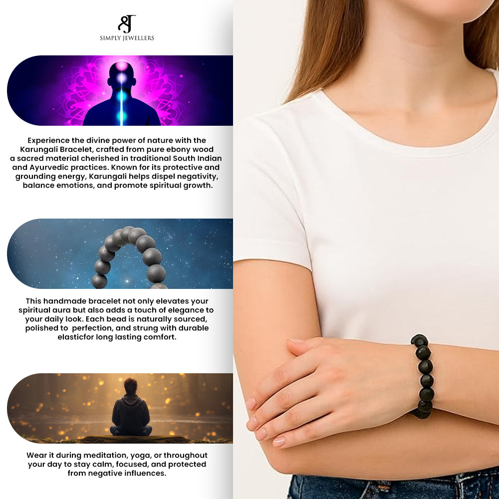 Karungali Bracelet, South Indian Ebony Wood Mala, 25 Black Beads, 8mm, Spiritual Meditation Protection Jewelry, Free Size