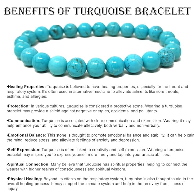 Natural Turquoise Stone Bracelet for Men & Women | Blue Healing Crystal Bead Bracelet | 8mm Stretchable Beads | Unisex Spiritual & Fashion Jewelry