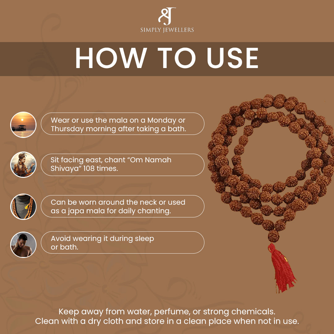 5 Mukhi Rudraksha Mala, Natural Prayer Beads, Spiritual Meditation Necklace for Mental Peace, Focus, Stress Relief, 108+1 Beads with Red Tassel