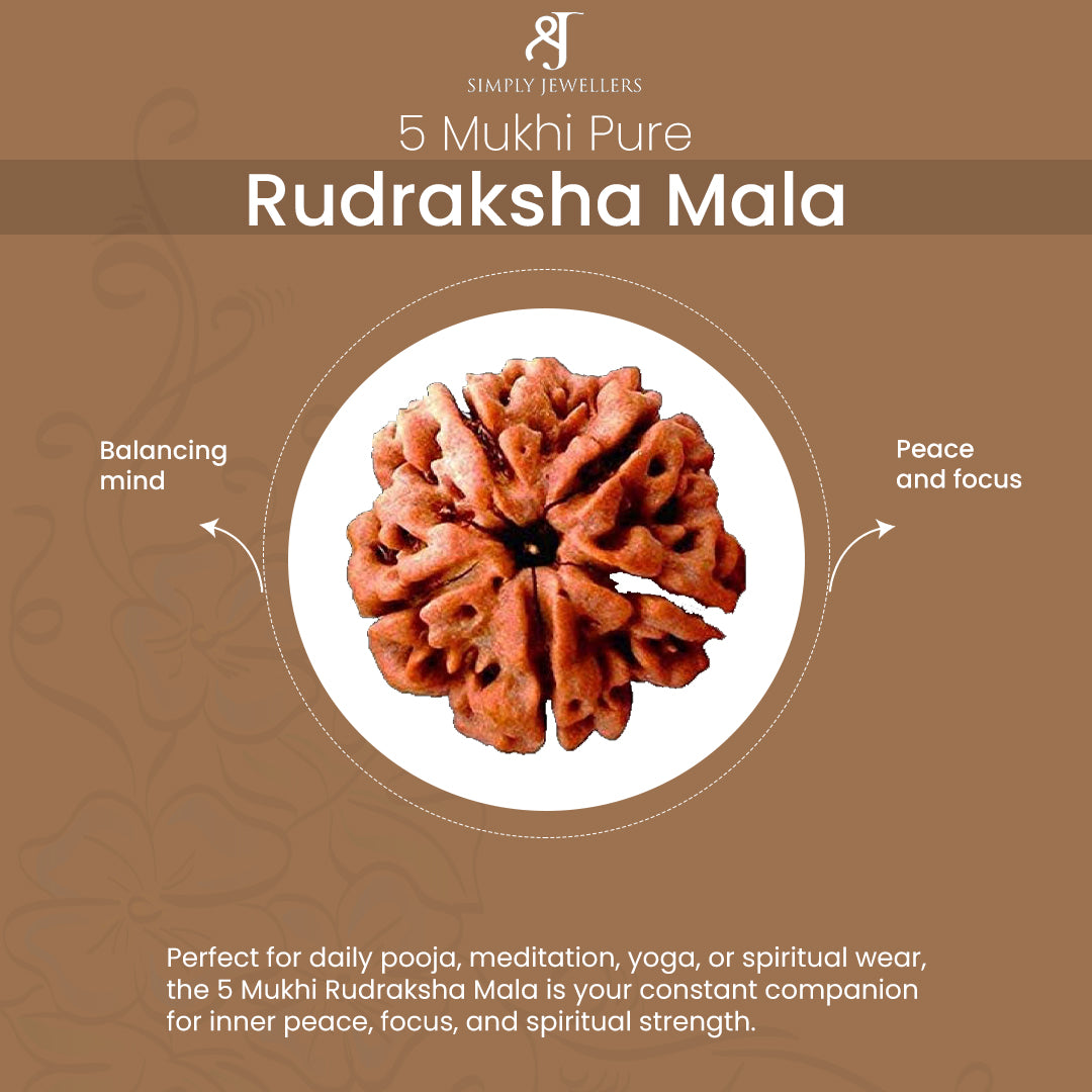 5 Mukhi Rudraksha Mala, Natural Prayer Beads, Spiritual Meditation Necklace for Mental Peace, Focus, Stress Relief, 108+1 Beads with Red Tassel