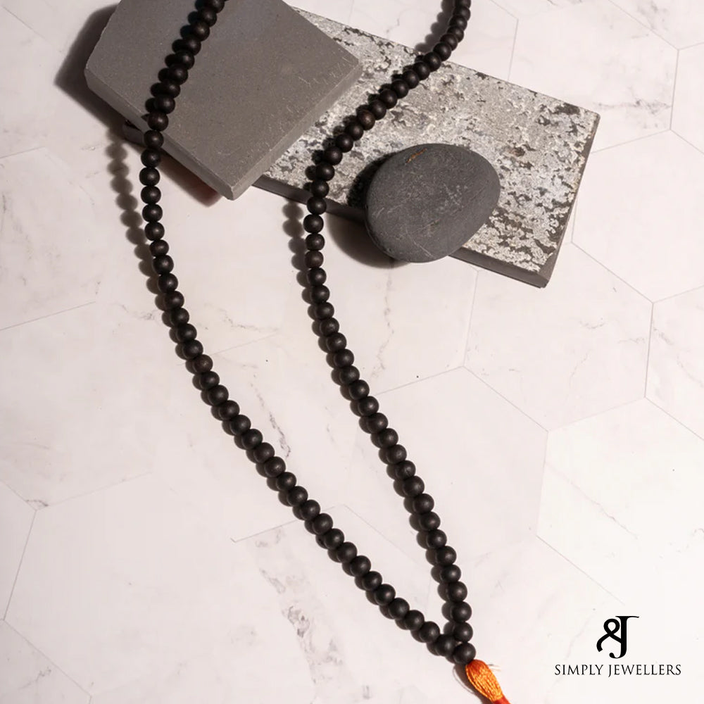 Karungali Mala, Sacred Black Ebony Wood Prayer Beads, 108 Natural Beads, 8mm, Traditional Vedic Spiritual Necklace with Orange Tassel
