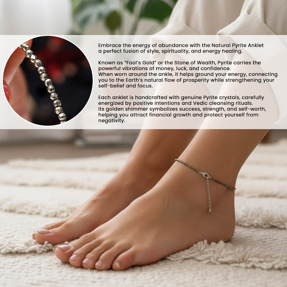Pyrite Anklet for Women and Men, Natural Money Magnet Stone, Metallic Gold Crystal Beads, Prosperity Attracting Jewelry