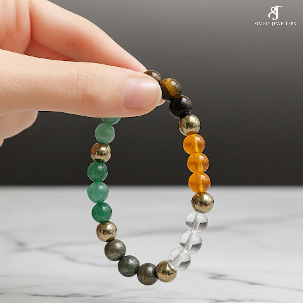 Dhan Yog Crystal Bracelet, Natural Green Jade, Aventurine, Tiger Eye, Citrine Gemstones, Abundance Spiritual Jewellery