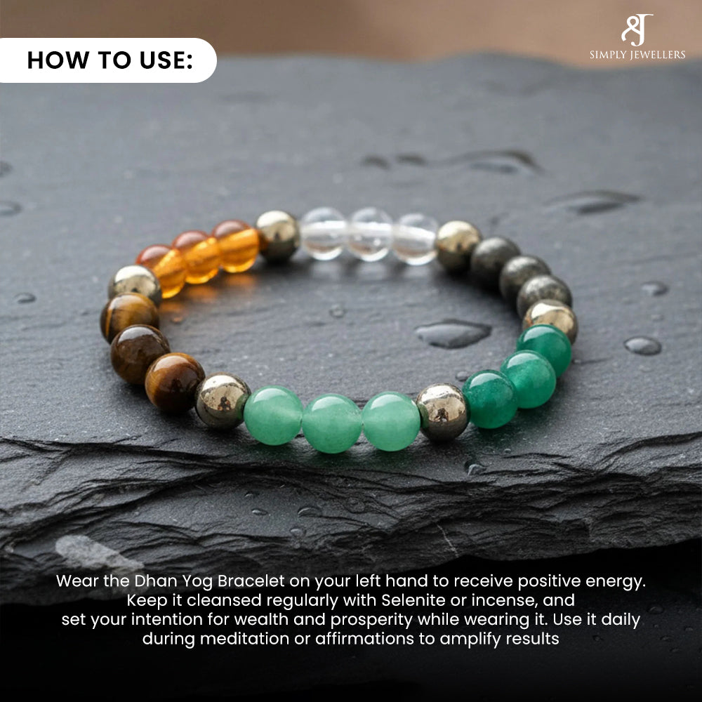 Dhan Yog Crystal Bracelet, Natural Green Jade, Aventurine, Tiger Eye, Citrine Gemstones, Abundance Spiritual Jewellery