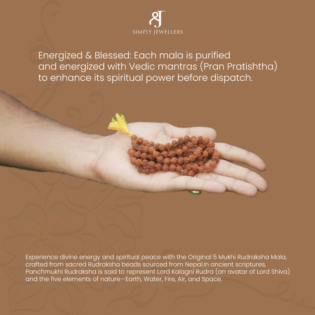 5 Mukhi Rudraksha Mala, Natural Prayer Beads, Spiritual Meditation Necklace for Mental Peace, Focus, Stress Relief, 108+1 Beads with Red Tassel