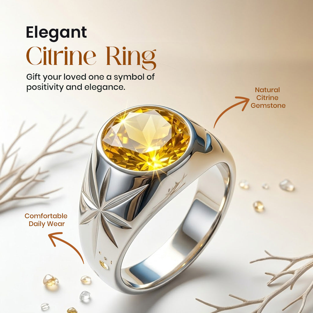 Citrine Gemstone Ring with Oval Yellow Stone | Silver-Tone Statement Ring