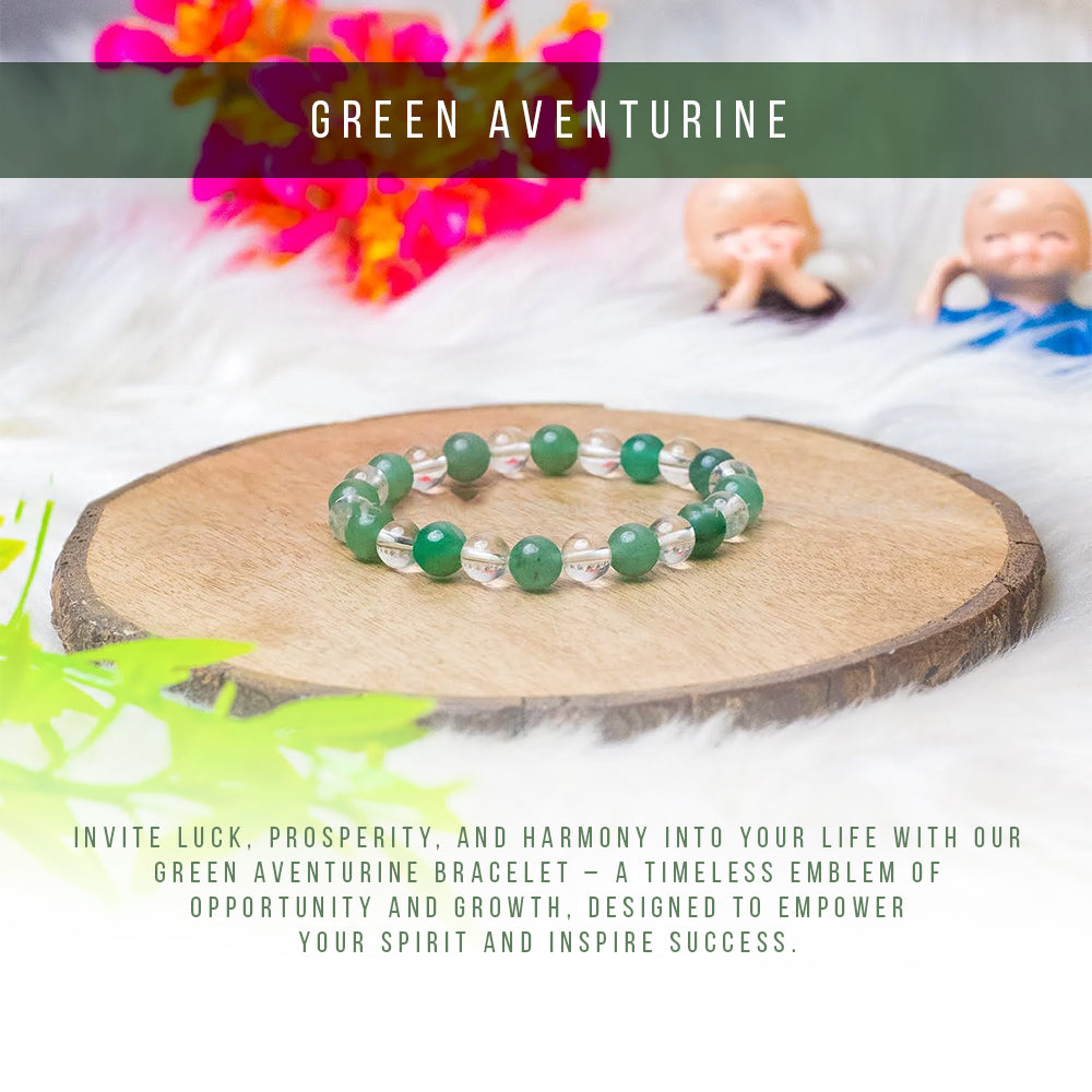 Green Aventurine & Clear Crystal Bracelet for Men & Women | Natural Healing Stone Bead Bracelet | 8mm Stretchable Crystal Bracelet | Unisex Energy & Meditation Jewelry