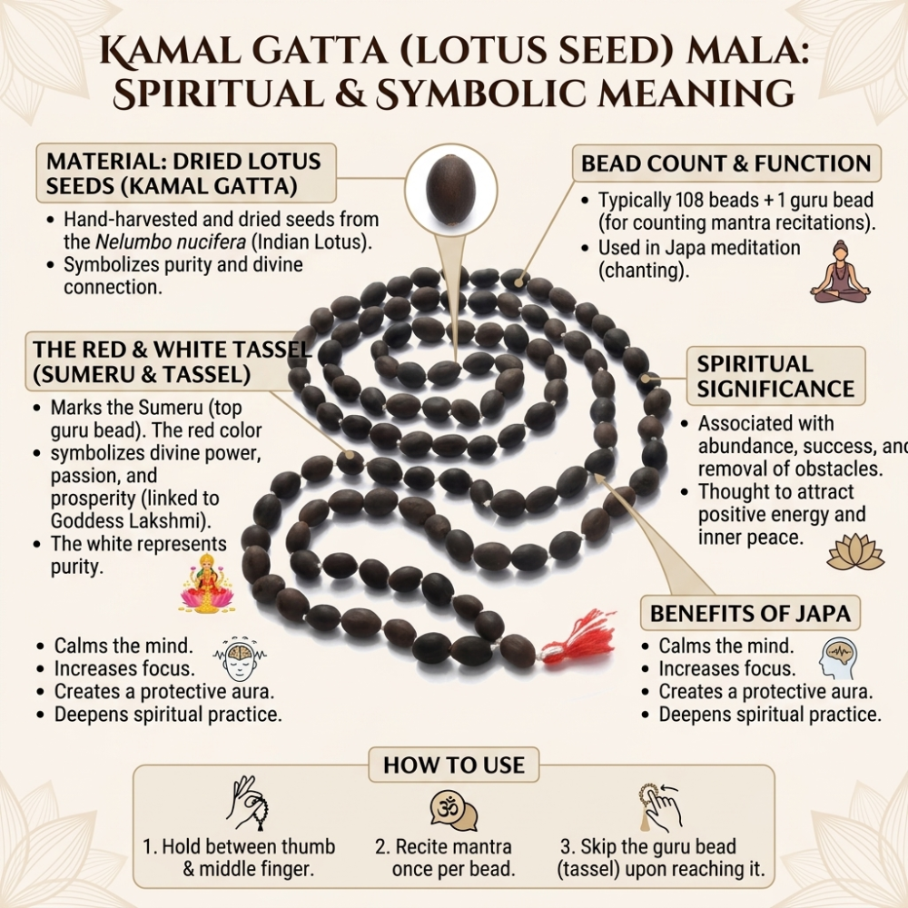 Natural Kamal Gatta Mala 108 Beads – Sacred Lotus Seed Japa Mala for Lakshmi Puja, Meditation, Mantra Chanting & Spiritual Practices