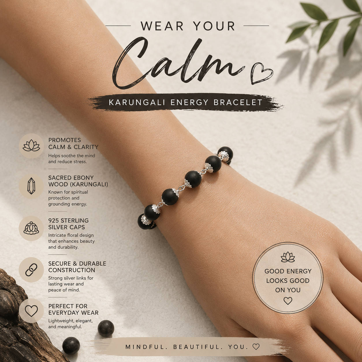 Natural Karungali Wood Bracelet for Men & Women – Handcrafted Spiritual Beaded Bracelet for Daily Wear, Meditation & Positive Energy