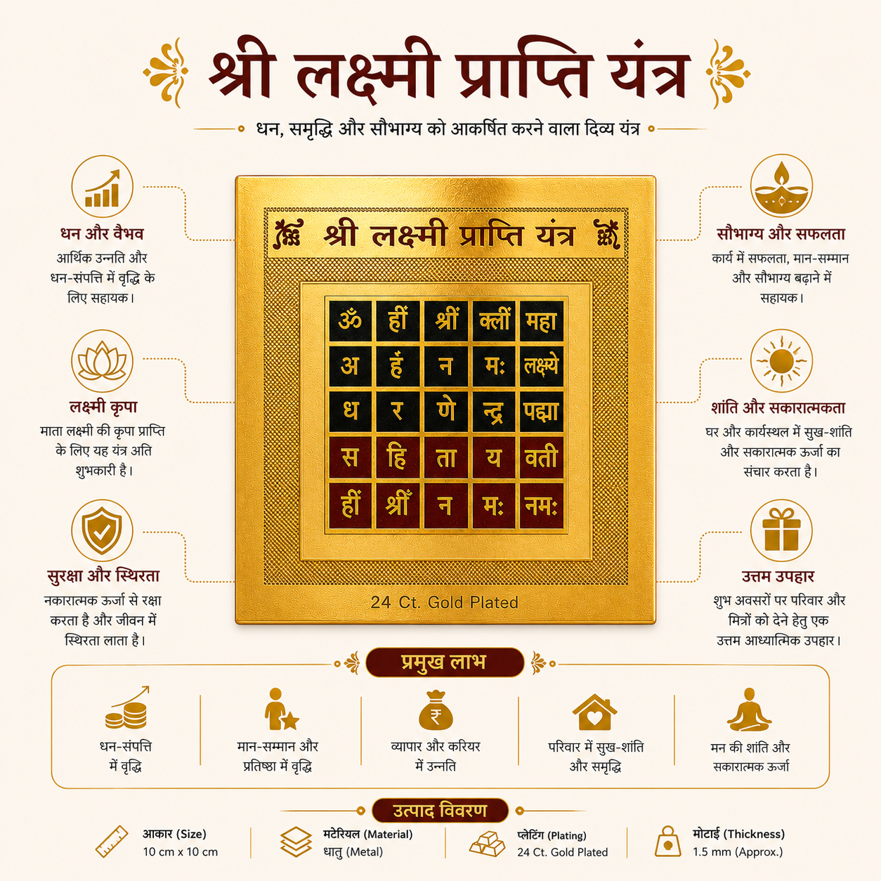 Shri Lakshmi Prapti Yantra – 24 Ct Gold Plated Sacred Wealth & Prosperity Yantra for Home, Office, Shop & Business | Vastu & Spiritual Blessing Yantra