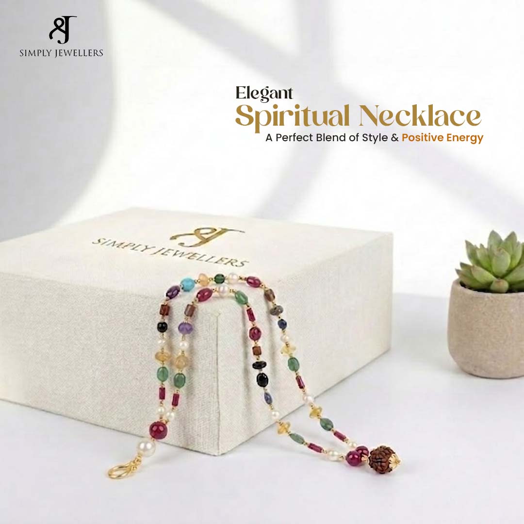Handcrafted Navratan Gemstone Mala with Rudraksha Pendant | Natural Multi-Stone Spiritual Necklace | Unisex Meditation & Healing Mala