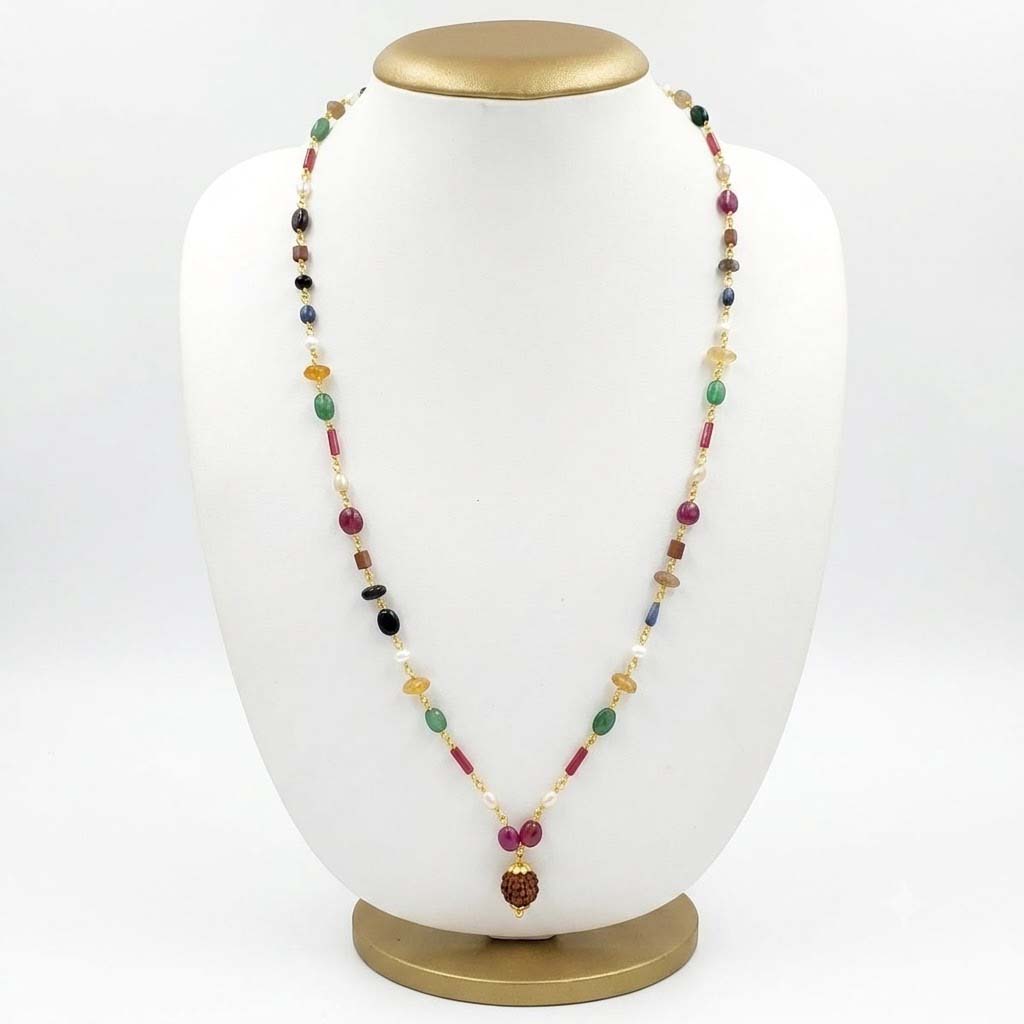 Handcrafted Navratan Gemstone Mala with Rudraksha Pendant | Natural Multi-Stone Spiritual Necklace | Unisex Meditation & Healing Mala
