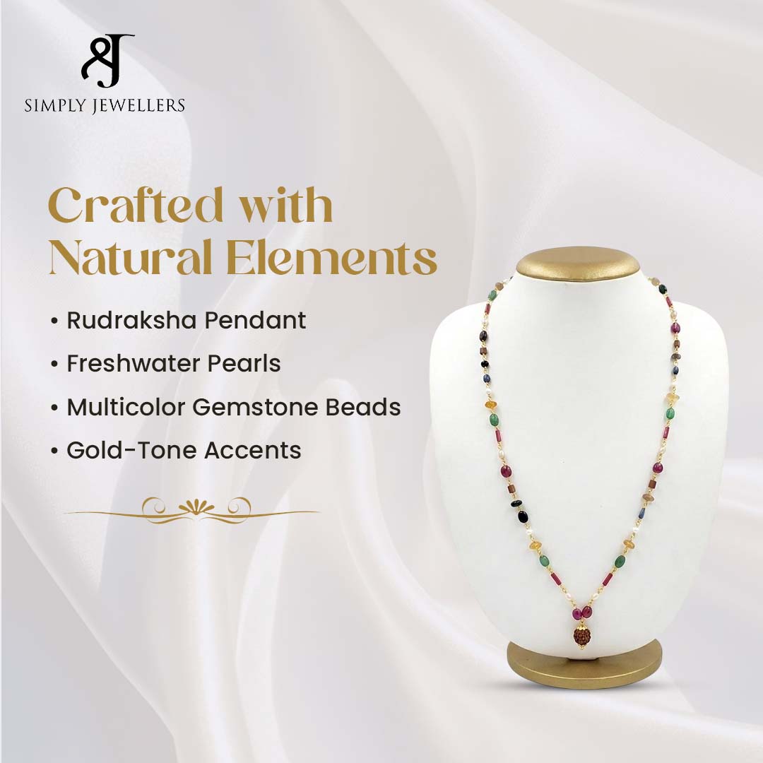 Handcrafted Navratan Gemstone Mala with Rudraksha Pendant | Natural Multi-Stone Spiritual Necklace | Unisex Meditation & Healing Mala