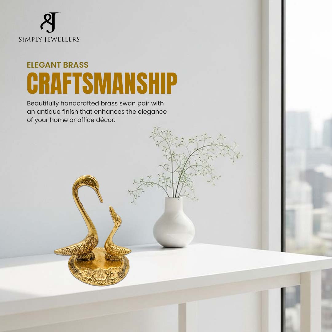 Handcrafted Brass Swan Pair Showpiece for Home Decor | Vintage Decorative Swan Figurines for Living Room, Office & Gift