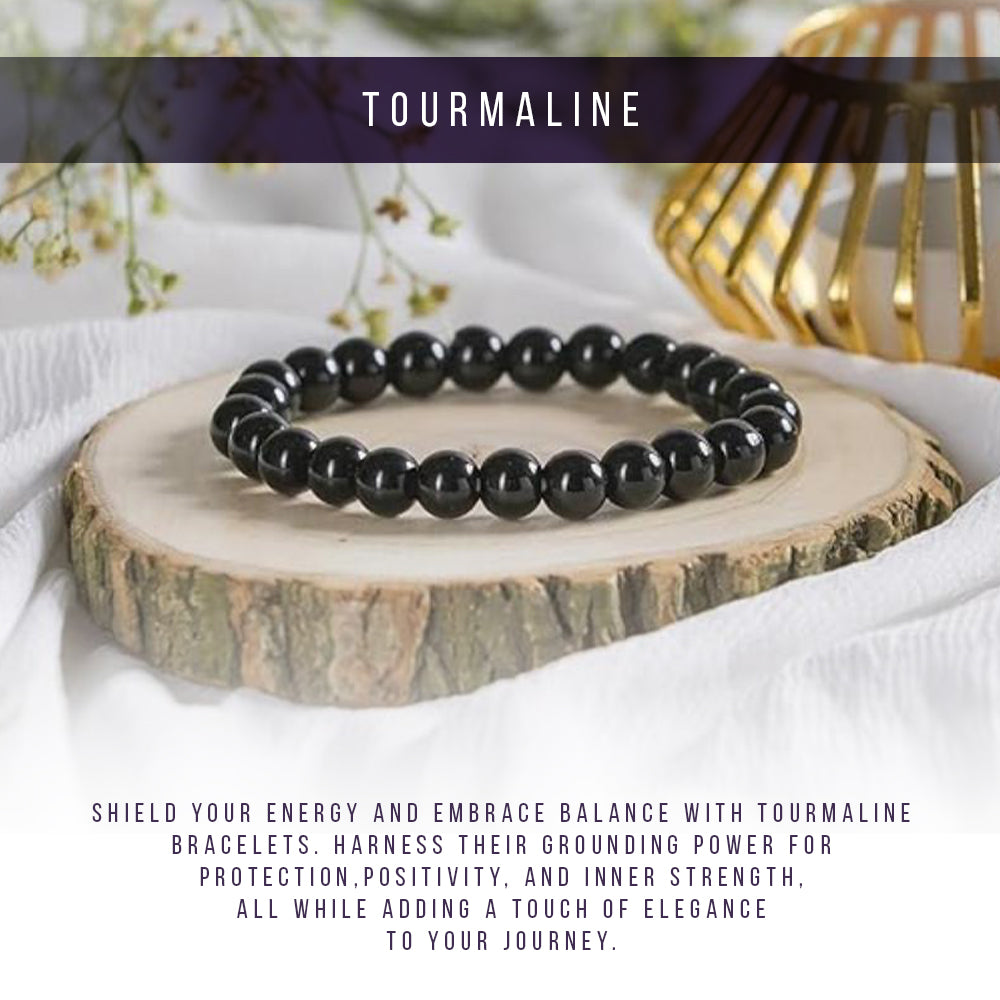 Natural Black Tourmaline Bracelet for Men & Women | Crystal Stone Bead Bracelet for Protection & Positive Energy | Stretchable Healing Crystal Bracelet | 8mm Beads | Unisex Spiritual Jewelry