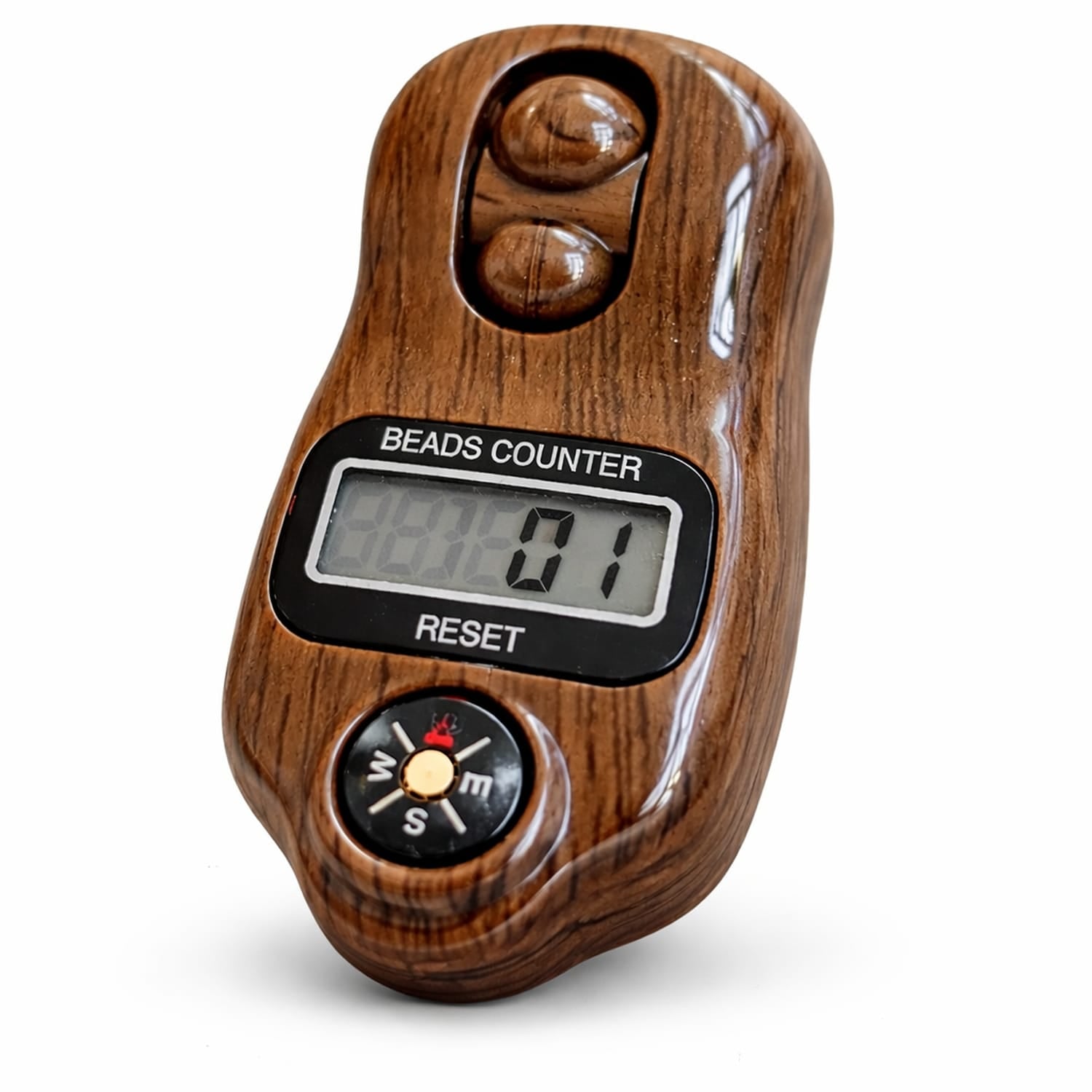 Digital Beads Counter with LCD Display, Dual Cushioned Clicker Buttons, Built-in Compass, Woodgrain Ergonomic Design for Meditation