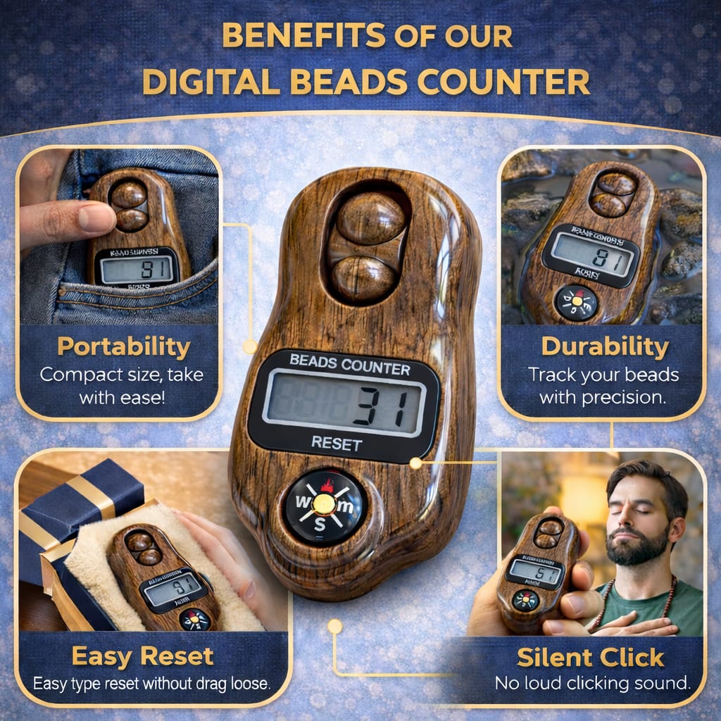 Digital Beads Counter with LCD Display, Dual Cushioned Clicker Buttons, Built-in Compass, Woodgrain Ergonomic Design for Meditation