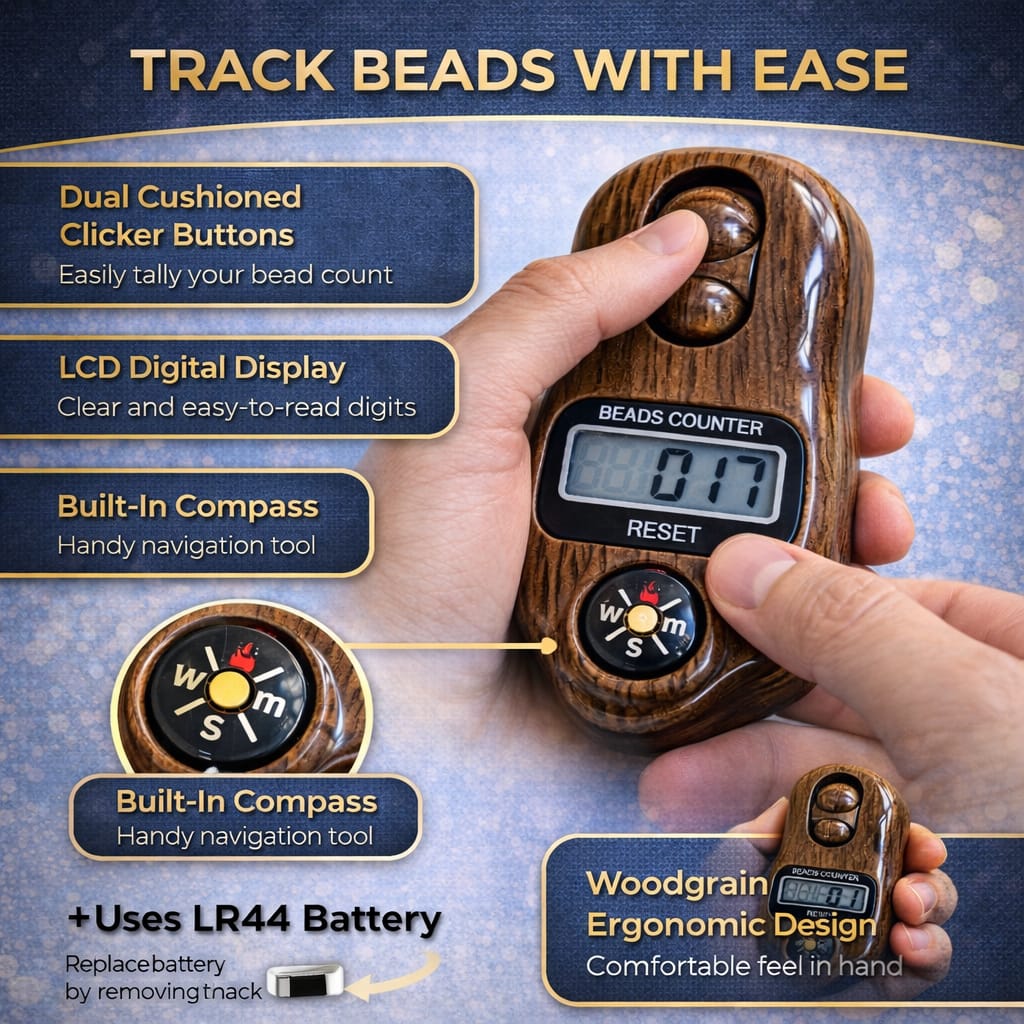 Digital Beads Counter with LCD Display, Dual Cushioned Clicker Buttons, Built-in Compass, Woodgrain Ergonomic Design for Meditation