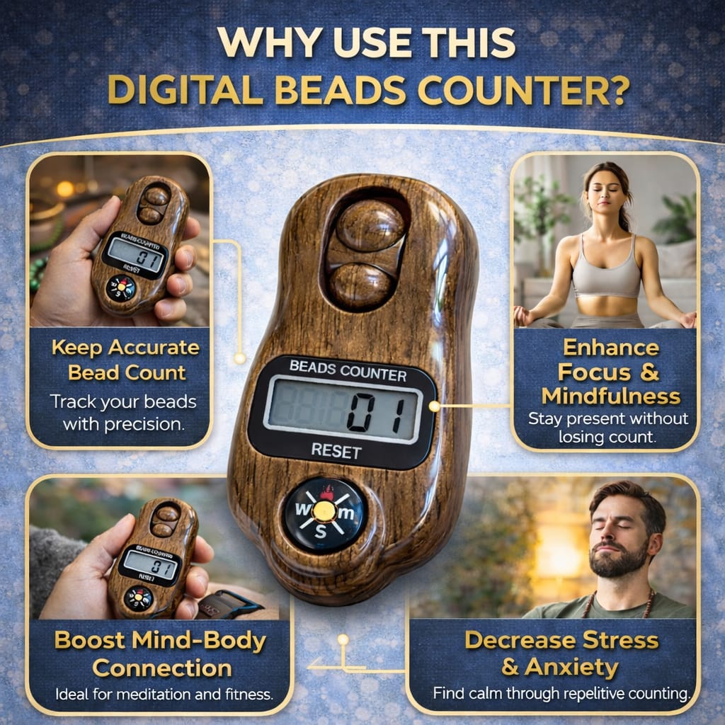 Digital Beads Counter with LCD Display, Dual Cushioned Clicker Buttons, Built-in Compass, Woodgrain Ergonomic Design for Meditation