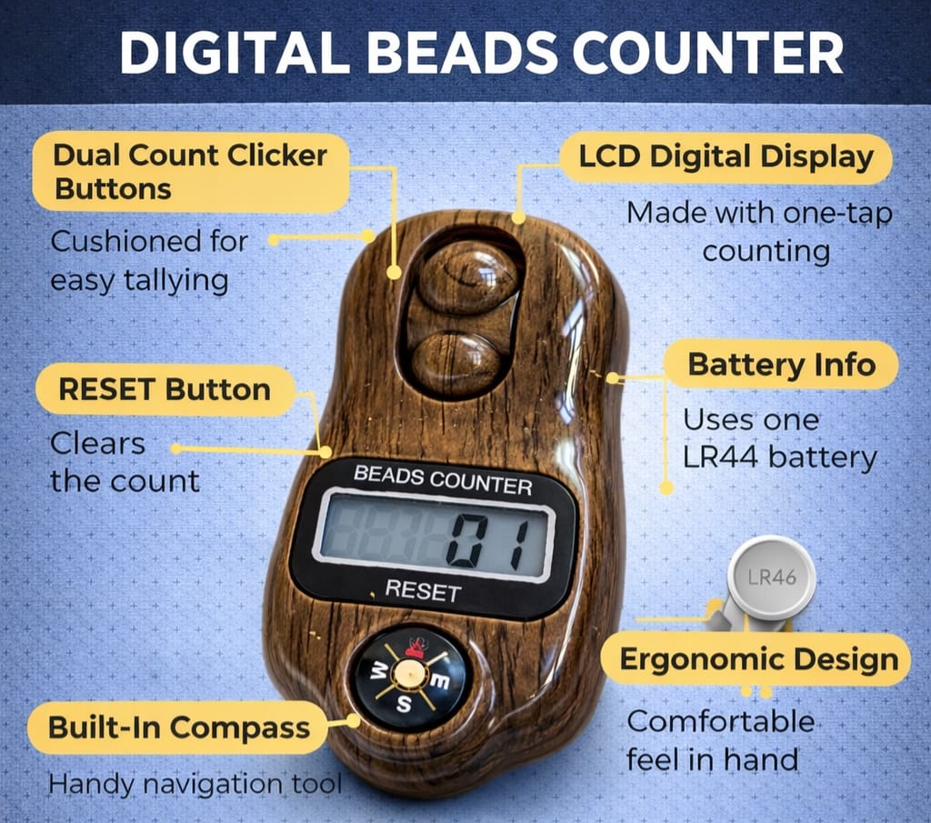 Digital Beads Counter with LCD Display, Dual Cushioned Clicker Buttons, Built-in Compass, Woodgrain Ergonomic Design for Meditation