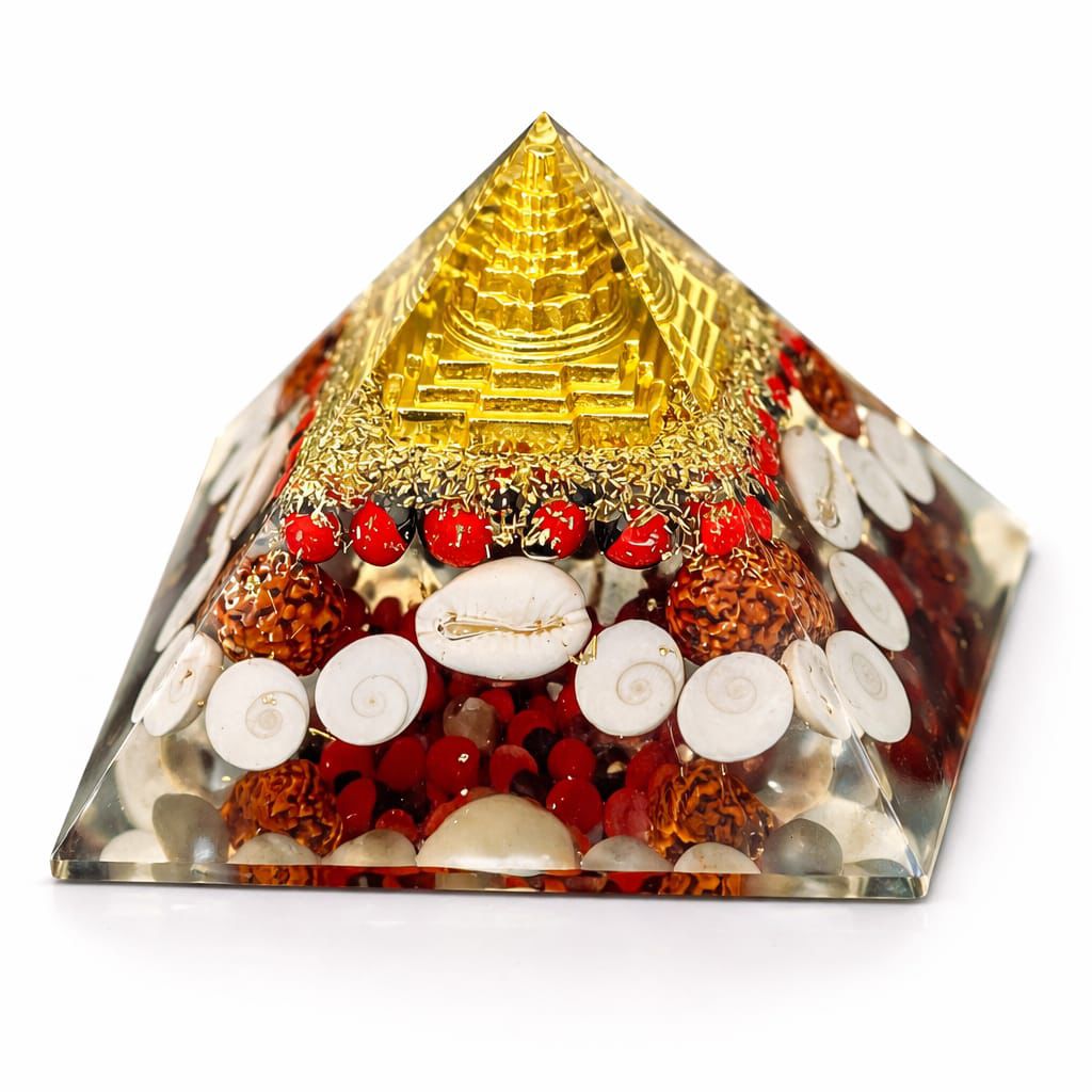 Laxmi Blessings Pyramid with Gold Pyramid, Metal Flakes, Red Stones and Natural Fibers, 6 cm, Attracts Wealth, Positivity and Protection