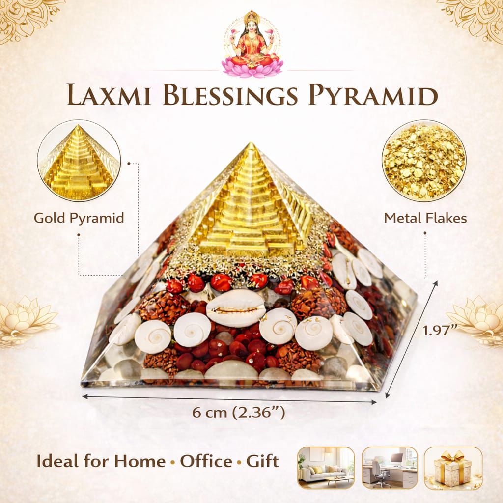 Laxmi Blessings Pyramid with Gold Pyramid, Metal Flakes, Red Stones and Natural Fibers, 6 cm, Attracts Wealth, Positivity and Protection