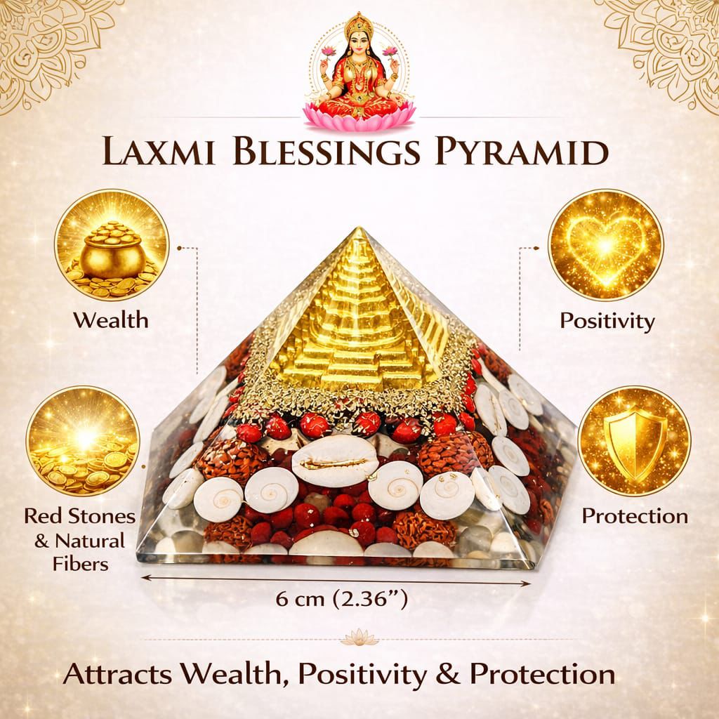 Laxmi Blessings Pyramid with Gold Pyramid, Metal Flakes, Red Stones and Natural Fibers, 6 cm, Attracts Wealth, Positivity and Protection