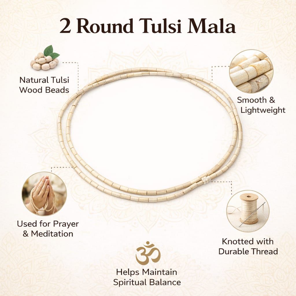 2 Round Tulsi Mala, Natural Tulsi Wood Beads, Smooth & Lightweight, Knotted with Durable Thread, for Prayer & Meditation