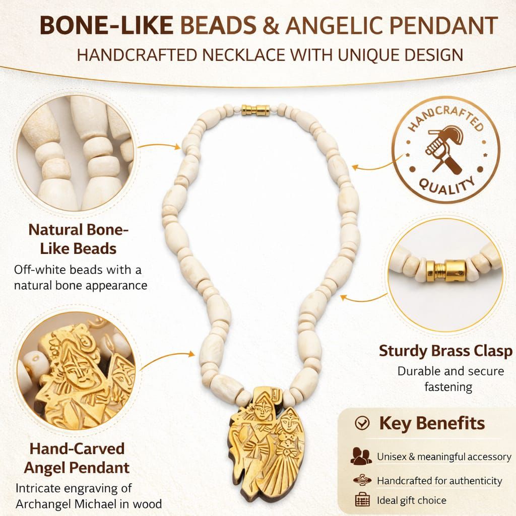 Handcrafted Beaded Necklace with Hand-Carved Archangel Michael Wood Pendant, Off-White, Sturdy Brass Clasp