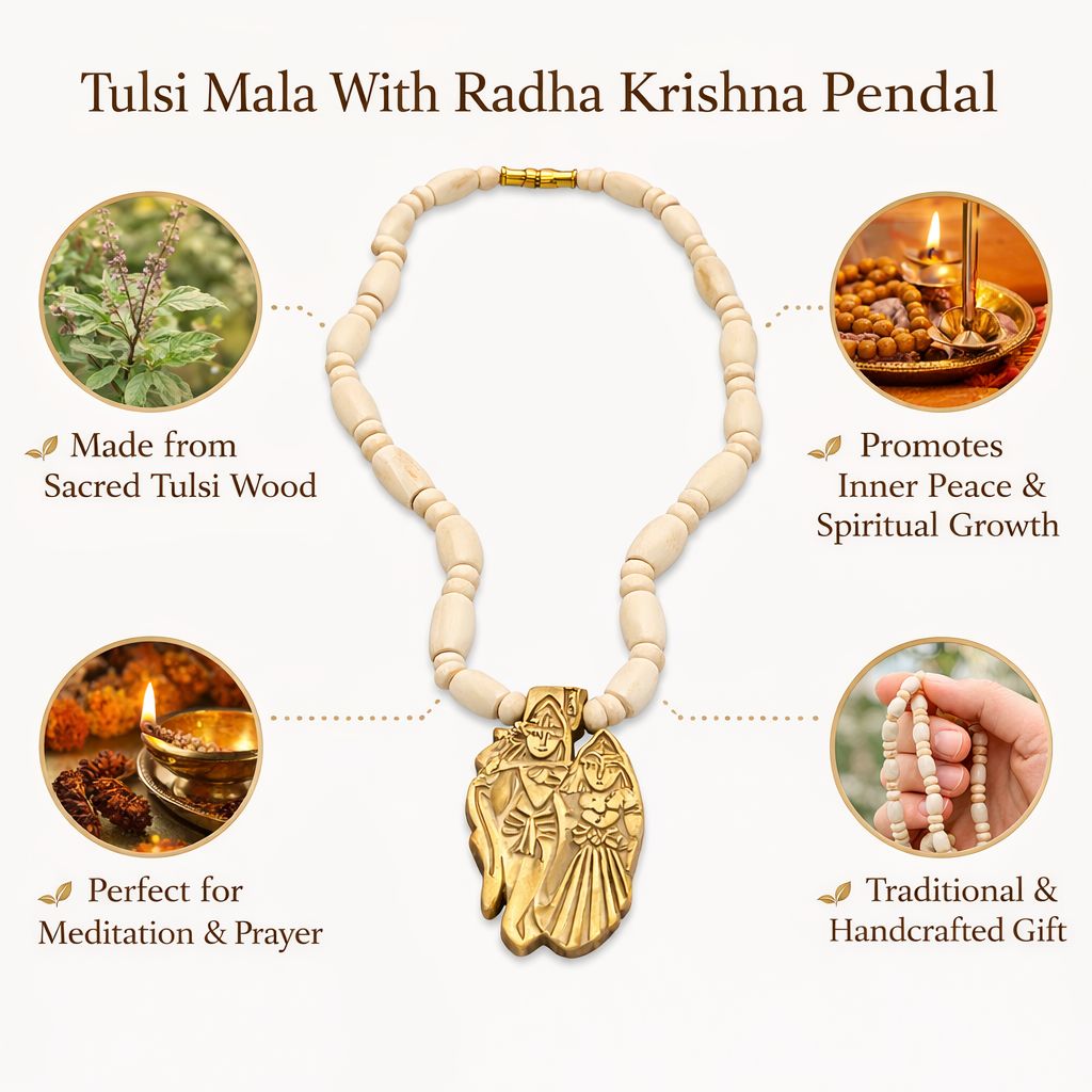 Handcrafted Beaded Necklace with Hand-Carved Archangel Michael Wood Pendant, Off-White, Sturdy Brass Clasp