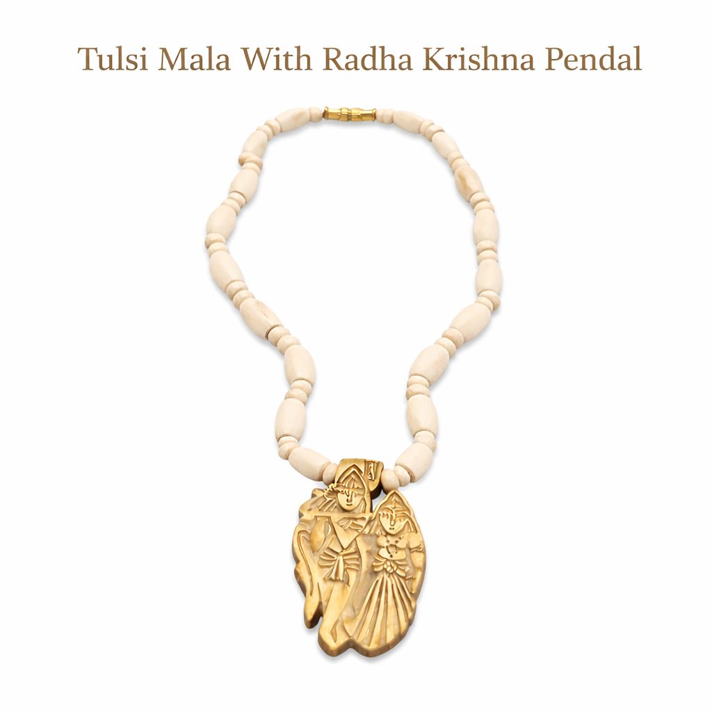 Handcrafted Beaded Necklace with Hand-Carved Archangel Michael Wood Pendant, Off-White, Sturdy Brass Clasp