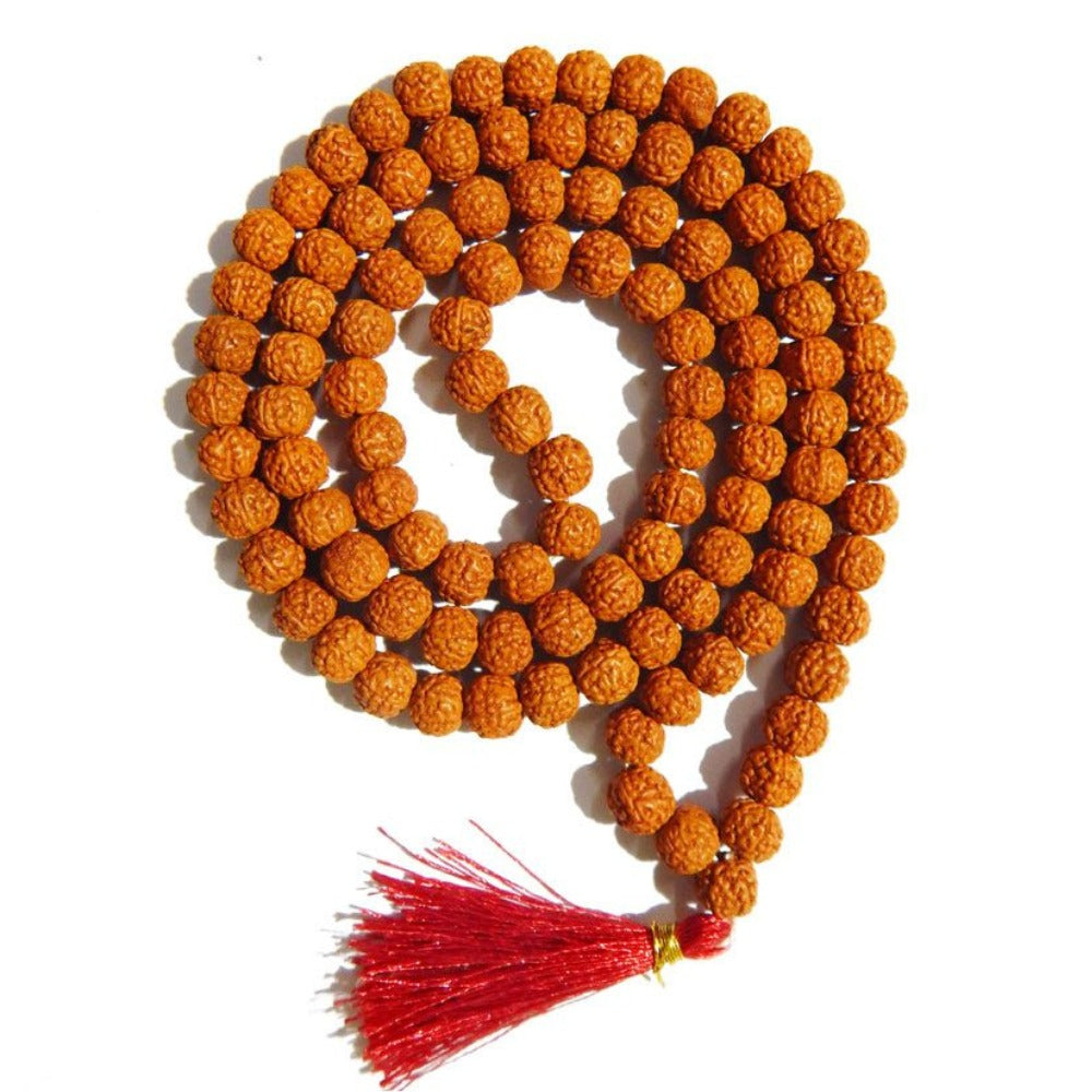 5 Mukhi Rudraksha Mala, Natural Prayer Beads, Spiritual Meditation Necklace for Mental Peace, Focus, Stress Relief, 108+1 Beads with Red Tassel