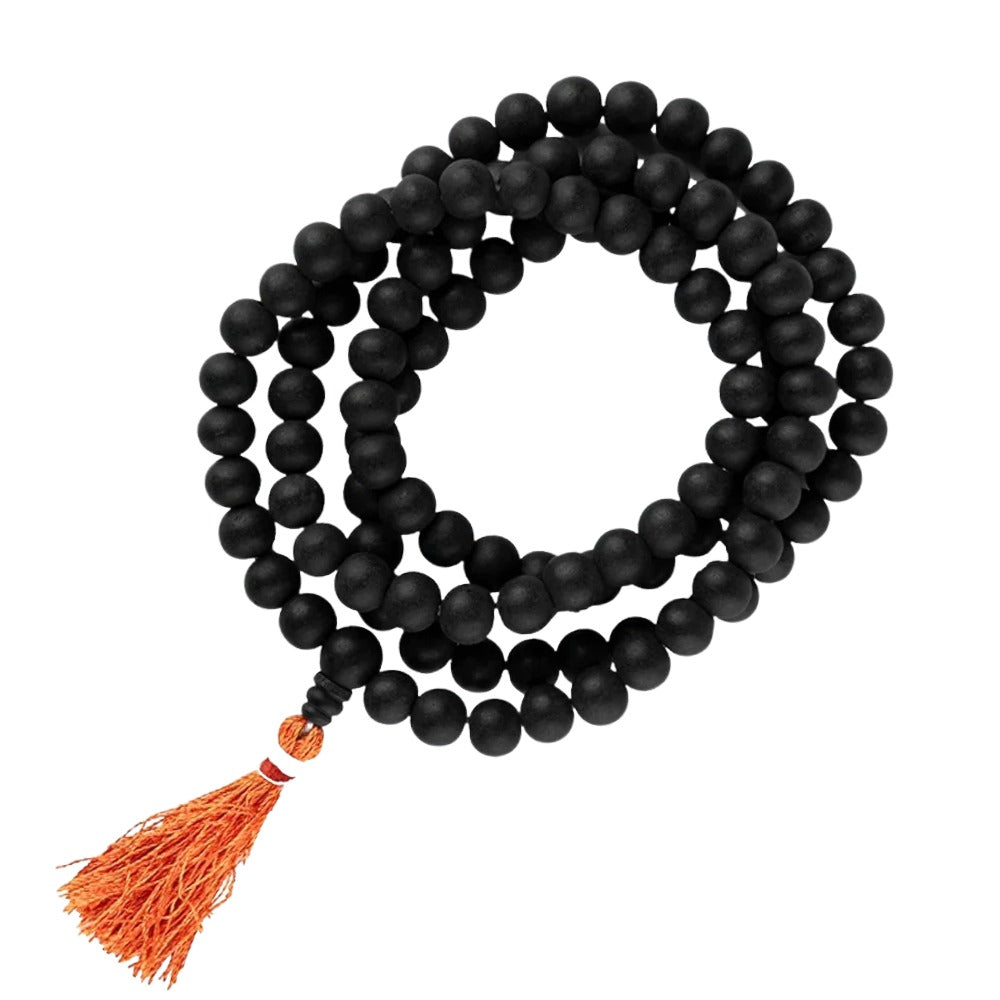 Karungali Mala, Sacred Black Ebony Wood Prayer Beads, 108 Natural Beads, 8mm, Traditional Vedic Spiritual Necklace with Orange Tassel