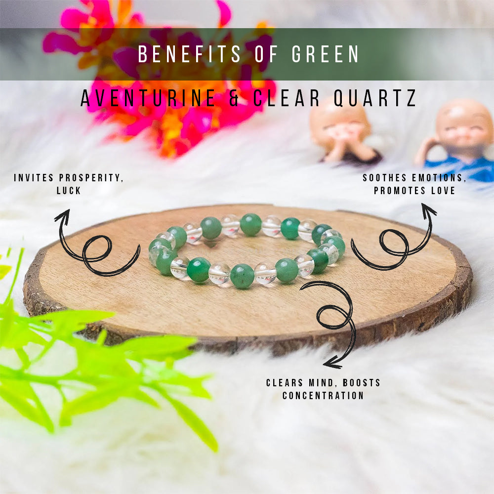 Green Aventurine & Clear Crystal Bracelet for Men & Women | Natural Healing Stone Bead Bracelet | 8mm Stretchable Crystal Bracelet | Unisex Energy & Meditation Jewelry
