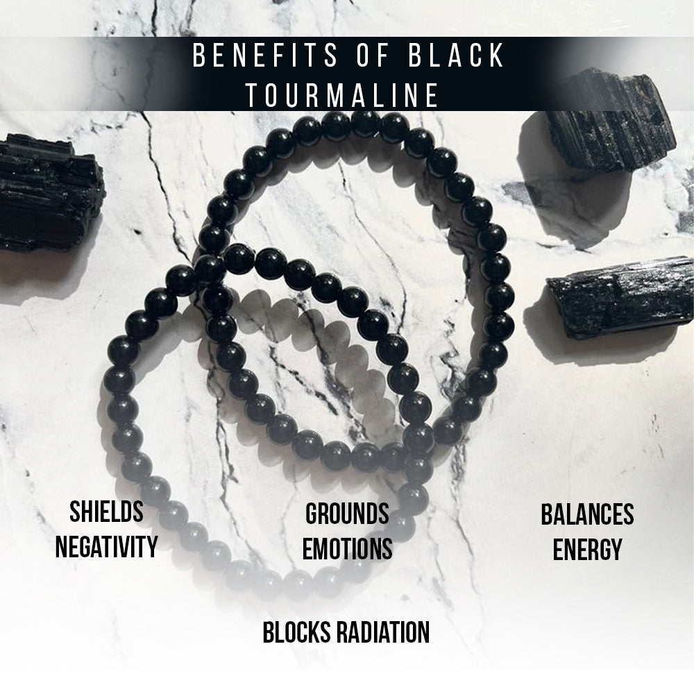 Natural Black Tourmaline Bracelet for Men & Women | Crystal Stone Bead Bracelet for Protection & Positive Energy | Stretchable Healing Crystal Bracelet | 8mm Beads | Unisex Spiritual Jewelry