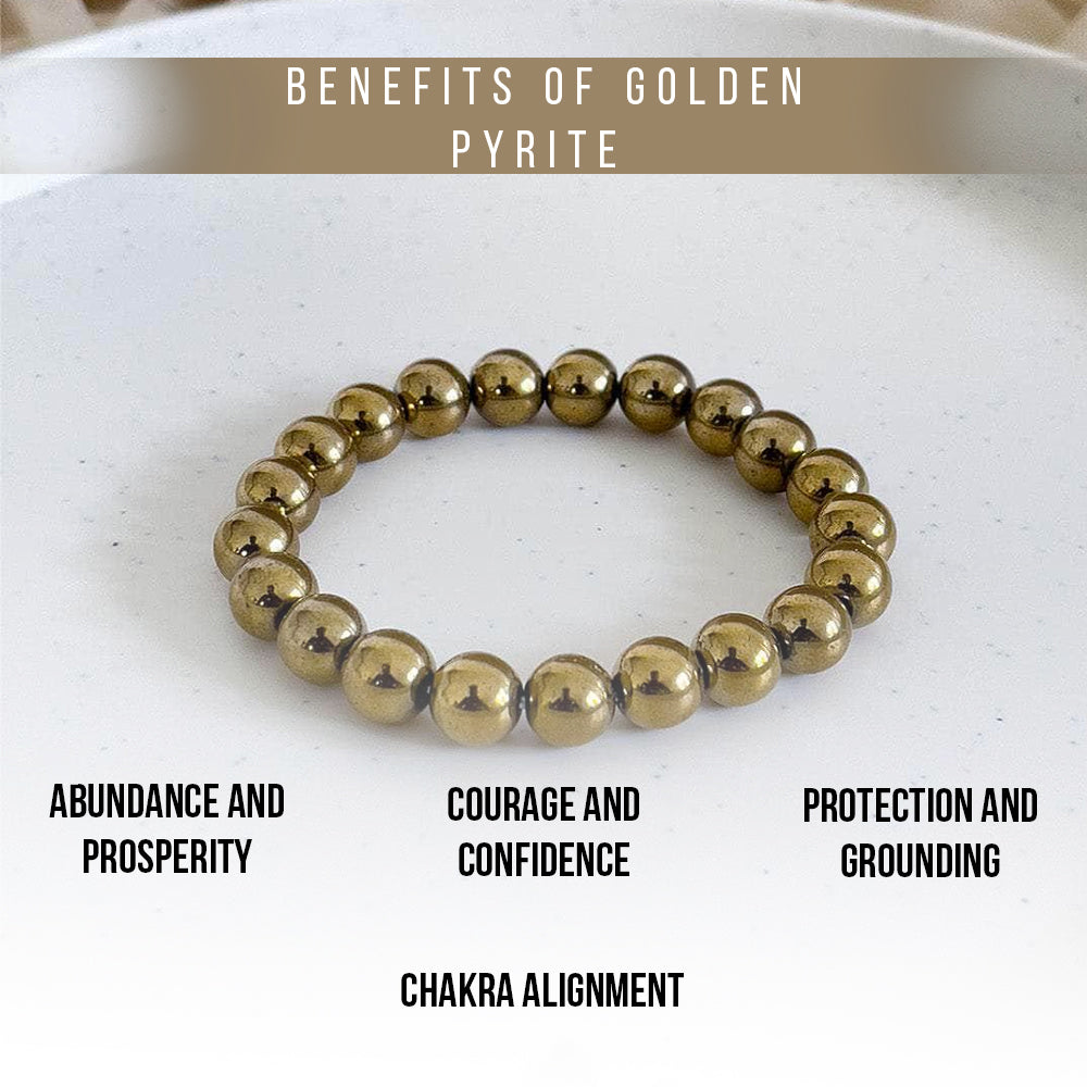 Simply Jewellers Golden Pyrite Bracelet for Men & Women | Natural Pyrite Stone Beaded Bracelet | Lucky Crystal Bracelet for Wealth, Protection, Confidence & Energy Healing