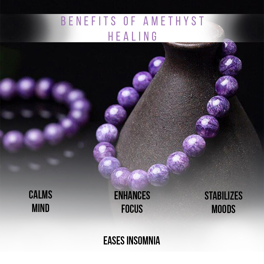 Natural Amethyst Crystal Bracelet for Men & Women | Purple Healing Stone Bead Bracelet | Stretchable Energy & Meditation Bracelet | 8mm Beads | Unisex Spiritual Jewelry