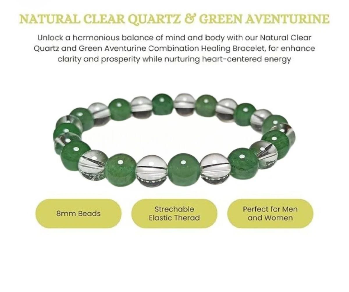 Green Aventurine & Clear Crystal Bracelet for Men & Women | Natural Healing Stone Bead Bracelet | 8mm Stretchable Crystal Bracelet | Unisex Energy & Meditation Jewelry