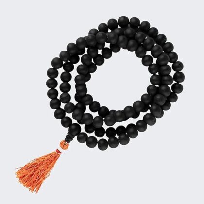 SIMPLY JEWELLERS Karungali Mala, Sacred Black Ebony Wood Prayer Beads, 108 Natural Beads, 8mm, Traditional Vedic Spiritual Necklace with Orange Tassel